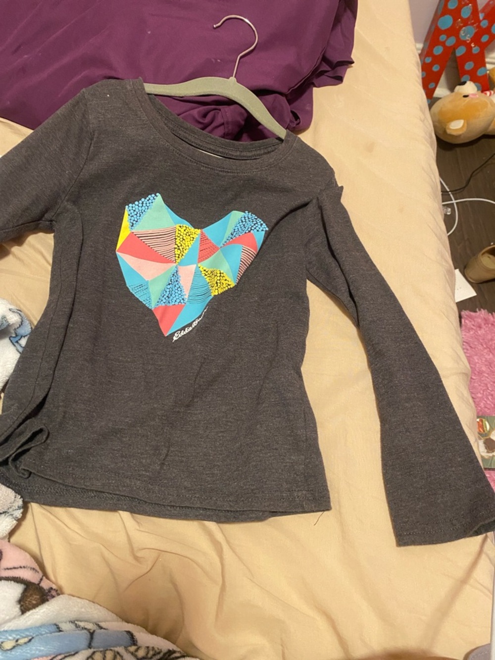 Girls' Charcoal Long-Sleeve Heart Graphic Tee